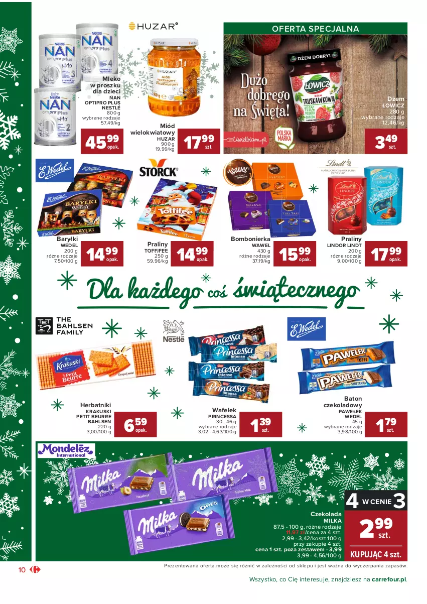 Gazetka promocyjna Carrefour - Gazetka Market Okazje grudnia - ważna 01.12 do 31.12.2021 - strona 10 - produkty: Baryłki, Baton, Czekolada, Dżem, Dzieci, Herbatniki, Kosz, Krakus, Krakuski, Lindor, Lindt, Milka, Miód, Mleko, Mleko w proszku, NAN Optipro, Nestlé, Praliny, Princessa, Toffifee, Wafelek, Wawel