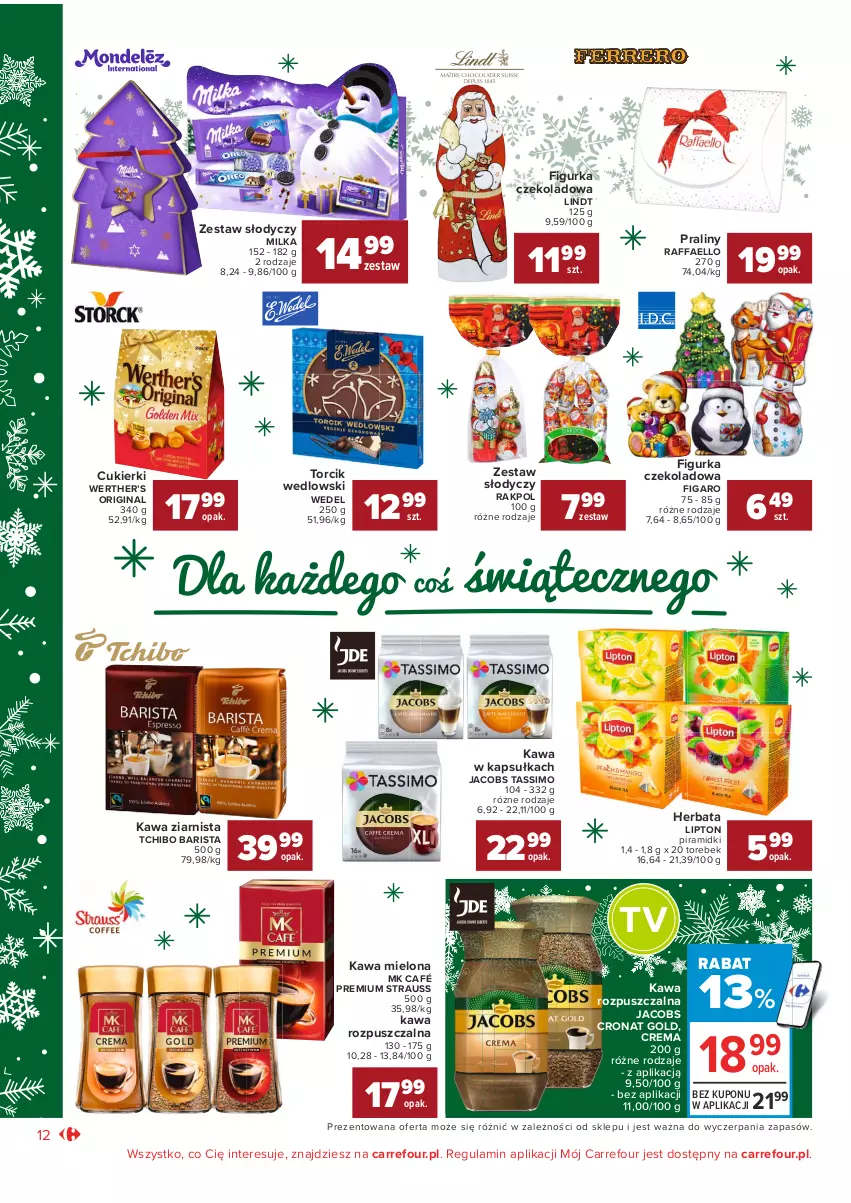 Gazetka promocyjna Carrefour - Gazetka Market Okazje grudnia - ważna 01.12 do 31.12.2021 - strona 12 - produkty: Cukier, Cukierki, Fa, Gin, Herbata, Jacobs, Kawa, Kawa mielona, Kawa rozpuszczalna, Kawa ziarnista, Lindt, Lipton, Milka, Praliny, Raffaello, Tassimo, Tchibo, Tchibo Barista