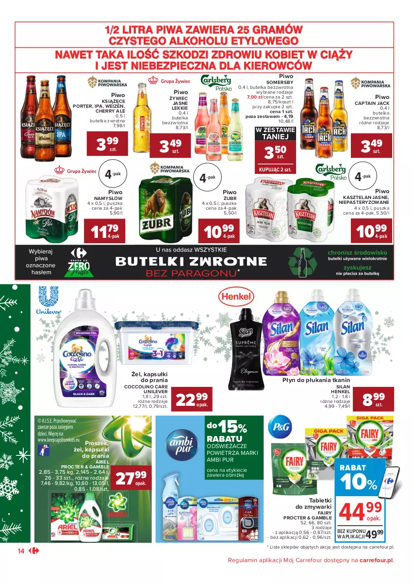 Gazetka promocyjna Carrefour - Gazetka Market Okazje grudnia - ważna 01.12 do 31.12.2021 - strona 14 - produkty: Ambi Pur, Ariel, Captain Jack, Coccolino, Fa, Fairy, Gra, Kapsułki do prania, Kasztelan, Kosz, Książęce, Namysłów, Piec, Piwa, Piwo, Płyn do płukania, Por, Pur, Silan, Somersby, Tablet, Tabletki do zmywarki, Zmywarki