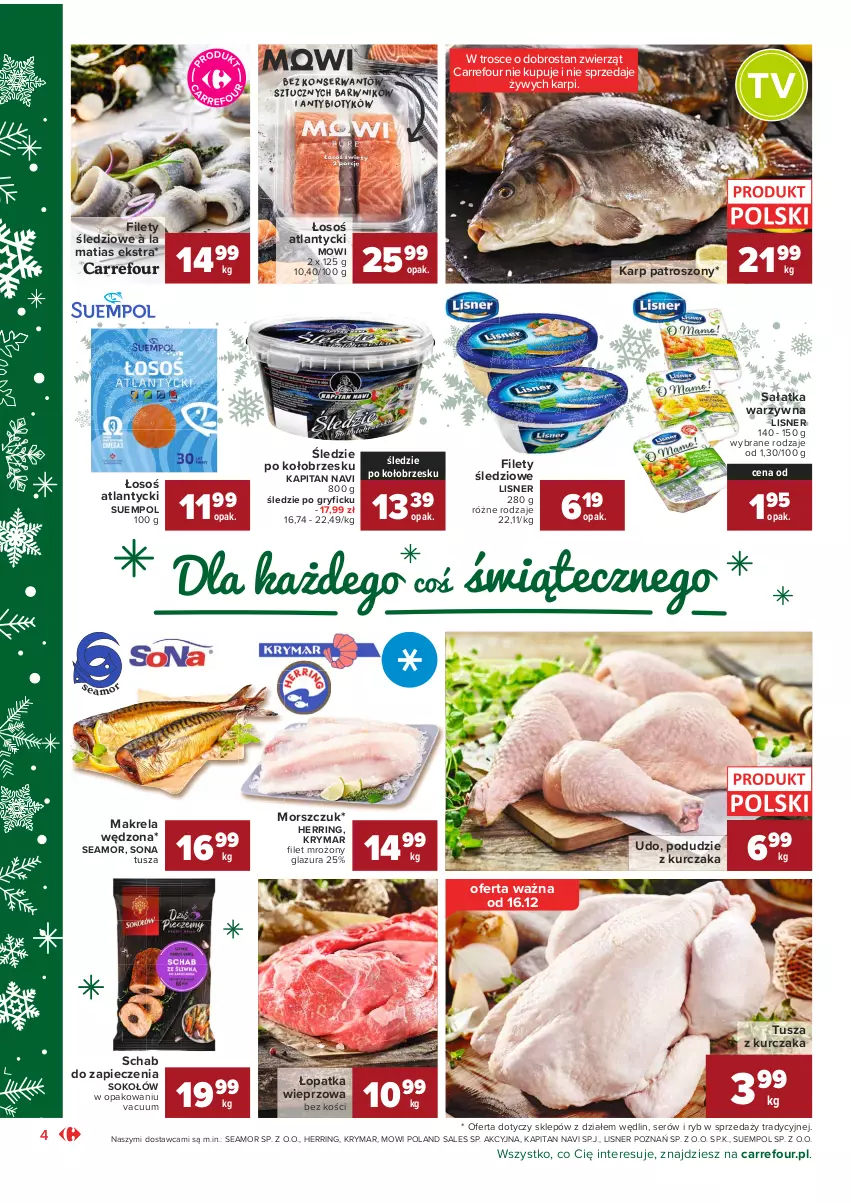 Gazetka promocyjna Carrefour - Gazetka Market Okazje grudnia - ważna 01.12 do 31.12.2021 - strona 4 - produkty: Glazura, Gry, Karp, Kurczak, Lazur, Lisner, Piec, Podudzie z kurczaka, Sałat, Sałatka, Sałatka warzywna, Ser, Sok, Sokołów, Suempol, Tusz