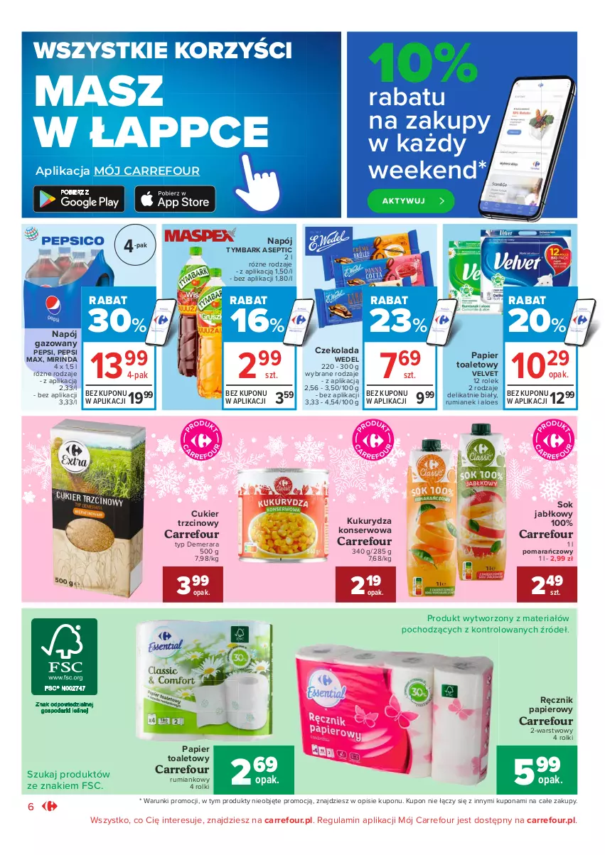 Gazetka promocyjna Carrefour - Gazetka Market Okazje grudnia - ważna 01.12 do 31.12.2021 - strona 6 - produkty: Cukier, Cukier trzcinowy, Czekolada, Kukurydza, Kukurydza konserwowa, Mirinda, Napój, Napój gazowany, Papier, Papier toaletowy, Pepsi, Pepsi max, Ręcznik, Rolki, Rum, Ser, Sok, Sok jabłkowy, Tymbark, Velvet