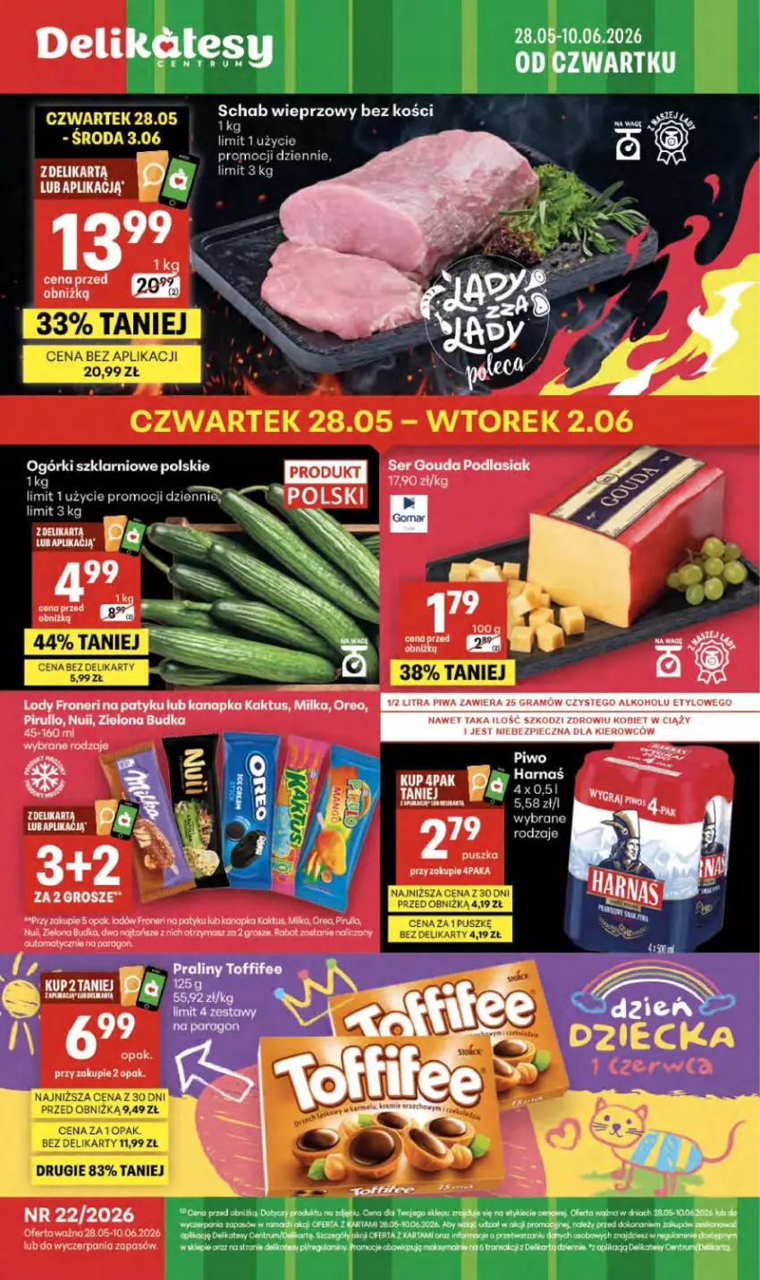 Gazetka promocyjna Delikatesy Centrum - Franczyza DC22 Czwartek - ważna 28.05 do 10.06.2026 - strona 1 - produkty: Kaktus, Lody, Milka, Oreo, Piec, Piwo, Rama, Rum, Tran