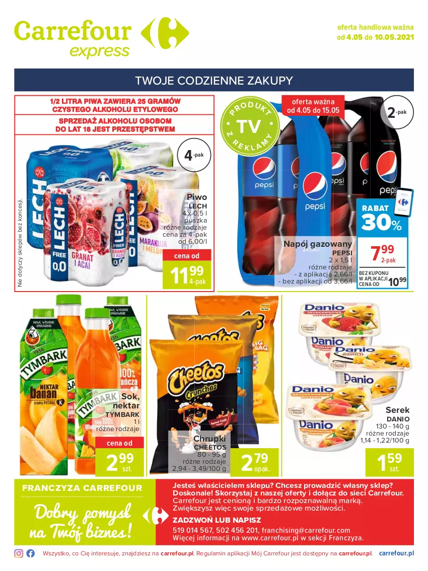 Gazetka promocyjna Carrefour - Gazetka Express - ważna 03.05 do 10.05.2021 - strona 2 - produkty: Cheetos, Chrupki, Danio, Gra, Napój, Napój gazowany, Nektar, Pepsi, Piwa, Piwo, Ser, Serek, Sok, Tymbark