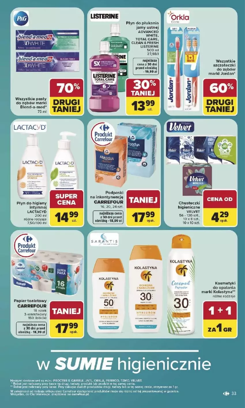 Gazetka promocyjna Carrefour - Gazetka Carrefour, Market w SUMIE najlepszy, od poniedziałku - ważna 03.08 do 08.08.2026 - strona 35 - produkty: Chusteczki, Fa, Gala, Lactacyd, Listerine, Papier, Papier toaletowy, Płyn do higieny intymnej, Płyn do płukania, Płyn do płukania jamy ustnej, Podpaski, Velvet