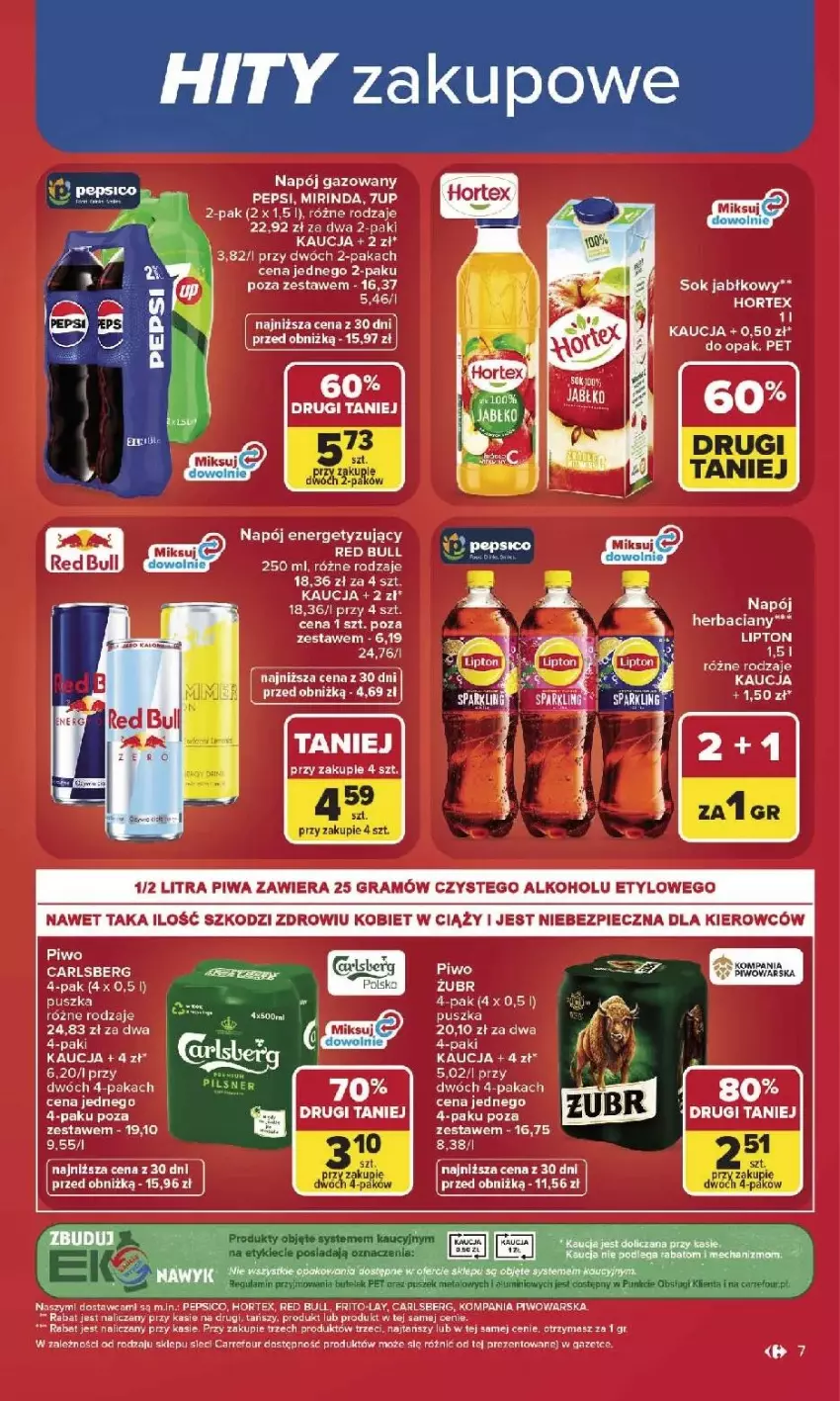 Gazetka promocyjna Carrefour - Gazetka Carrefour, Market w SUMIE najlepszy, od poniedziałku - ważna 03.08 do 08.08.2026 - strona 9 - produkty: 7up, Carlsberg, Fa, Gra, Hortex, Lipton, Mirinda, Napój, Napój gazowany, Pepsi, Piec, Piwa, Piwo, Red Bull, Sok, Sok jabłkowy