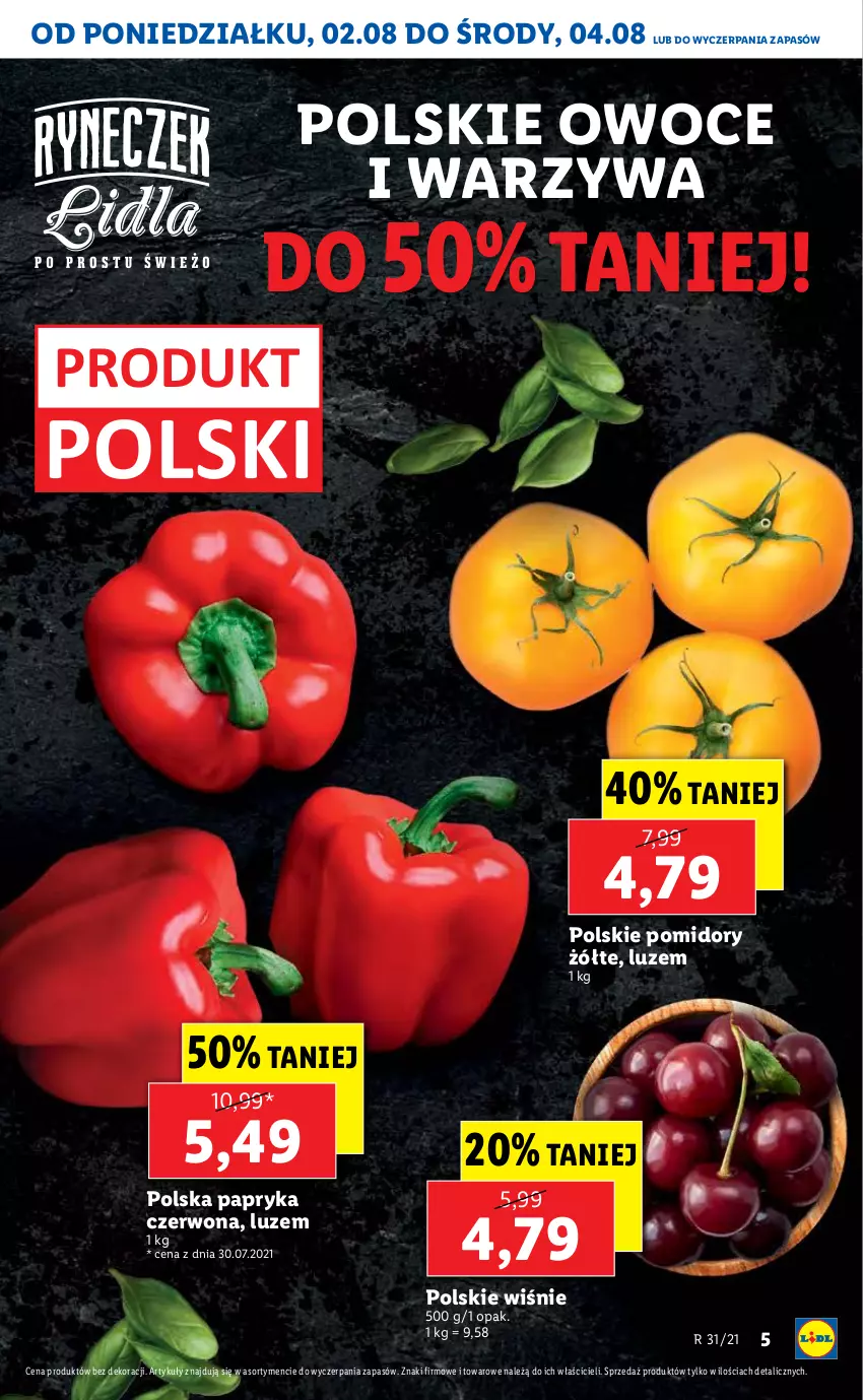 Gazetka promocyjna Lidl - GAZETKA - ważna 02.08 do 04.08.2021 - strona 5 - produkty: Owoce, Papryka, Papryka czerwona, Pomidory, Warzywa