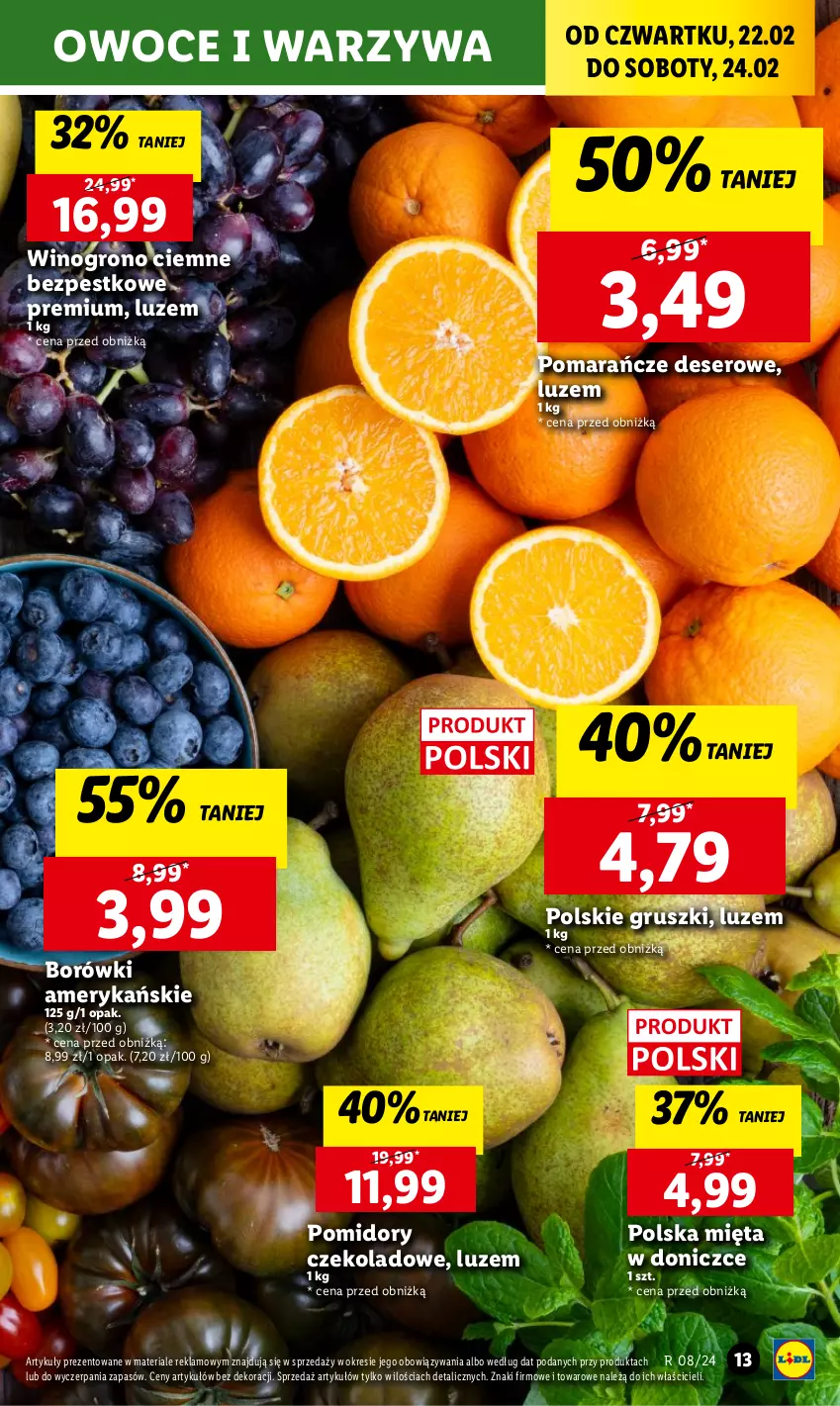 Gazetka promocyjna Lidl - GAZETKA - ważna 22.02 do 24.02.2024 - strona 15 - produkty: Deser, Gruszki, Mięta, Owoce, Pomarańcze, Pomidory, Ser, Warzywa, Wino