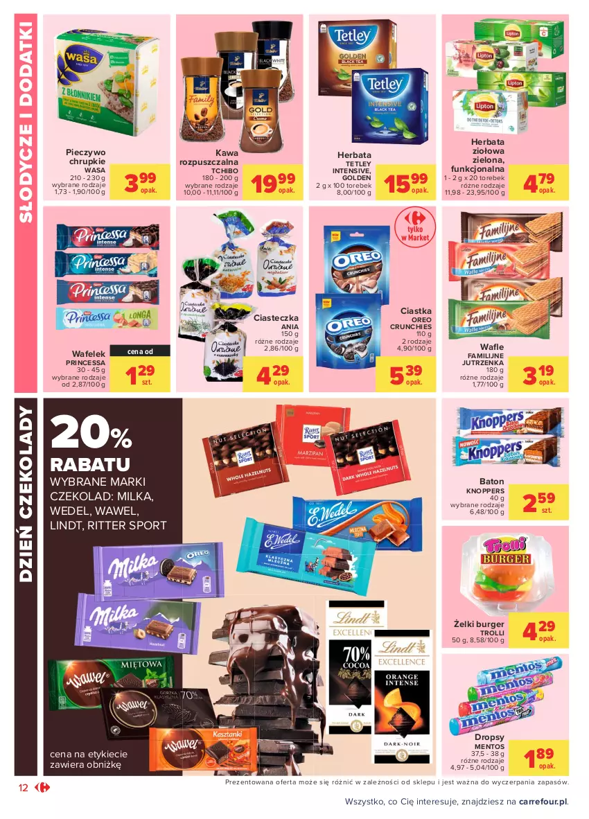 Gazetka promocyjna Carrefour - Gazetka Market - ważna 28.06 do 10.07.2021 - strona 12 - produkty: Baton, Burger, Chrupki, Ciastka, Fa, Herbata, Jutrzenka, Kawa, Kawa rozpuszczalna, Knoppers, Lindt, Mentos, Milka, Oreo, Piec, Pieczywo, Pieczywo chrupkie, Por, Princessa, Ritter Sport, Sport, Tchibo, Tetley, Wafelek, Wasa, Wawel