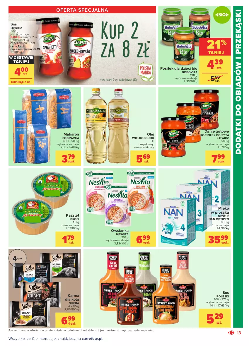 Gazetka promocyjna Carrefour - Gazetka Market - ważna 28.06 do 10.07.2021 - strona 13 - produkty: BoboVita, Danie gotowe, Dzieci, Koc, Kosz, Makaron, Mleko, Mleko w proszku, NAN Optipro, Nestlé, Olej, Owsianka, Pasztet, Podravka, Sheba, Sos