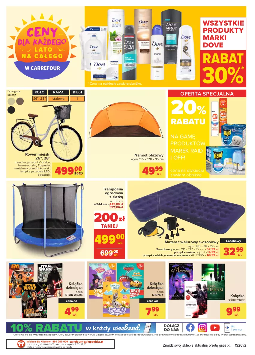 Gazetka promocyjna Carrefour - Gazetka Market - ważna 28.06 do 10.07.2021 - strona 22 - produkty: Disney, Dove, Dzieci, Kosz, Książka, Materac, Mule, Namiot, Noż, O nas, Pompka, Rama, Rower, Ser, Star Wars, Tera