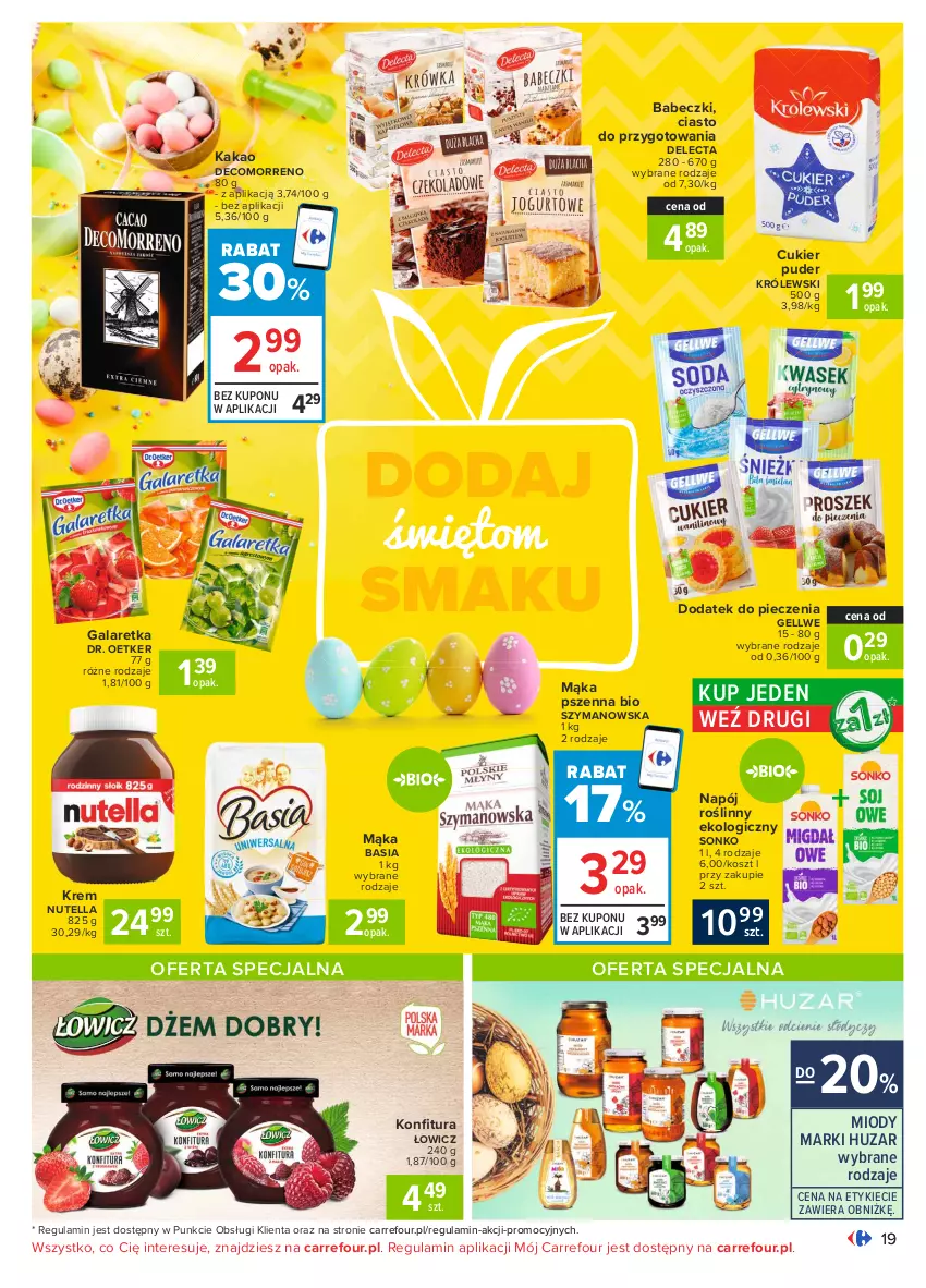 Gazetka promocyjna Carrefour - Gazetka Carrefour - ważna 22.03 do 27.03.2021 - strona 19 - produkty: Babeczki, Basia, Cukier, Cukier puder, Delecta, Dr. Oetker, Gala, Galaretka, Kakao, Kosz, Królewski, Mąka, Mąka pszenna, Napój, Napój roślinny, Nutella, Piec, Puder, Sonko