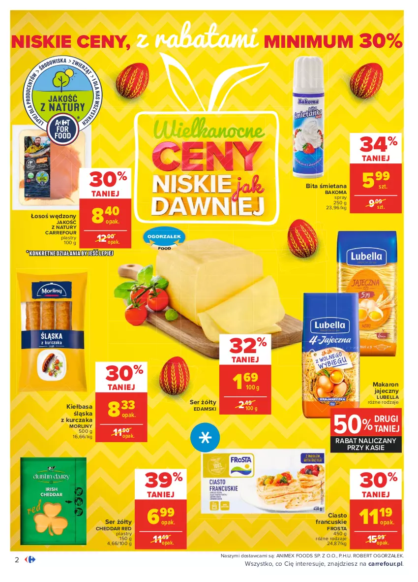 Gazetka promocyjna Carrefour - Gazetka Carrefour - ważna 22.03 do 27.03.2021 - strona 2 - produkty: Bakoma, Bell, Bella, Cheddar, Ciasto francuskie, Edam, Frosta, Kiełbasa, Kiełbasa śląska, Kurczak, Lubella, Makaron, Morliny, Ser