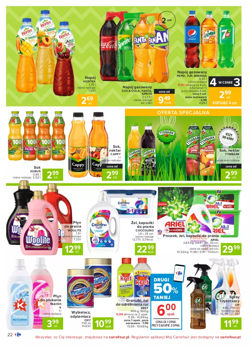 Gazetka promocyjna Carrefour - Gazetka Carrefour - ważna 22.03 do 27.03.2021 - strona 22 - produkty: 7up, Ariel, Cappy, Cif, Coca-Cola, Coccolino, Fa, Fanta, Gra, Hortex, Kapsułki do prania, Kosz, Kret, Kubuś, Mirinda, Napój, Napój gazowany, Nektar, Odplamiacz, Pepsi, Płyn do płukania, Płyn do prania, Sok, Sprite, Tymbark, Woolite