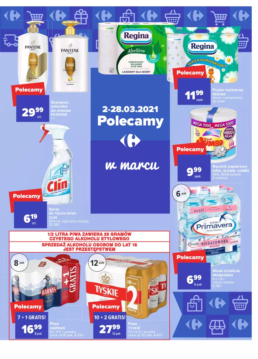 Gazetka promocyjna Carrefour - Gazetka Carrefour - ważna 22.03 do 27.03.2021 - strona 37 - produkty: Clin, Gin, Gra, Harnaś, LANA, Odżywka, Pantene, Papier, Papier toaletowy, Piwa, Piwo, Prima, Primavera, Ręcznik, Rum, Szampon, Tyskie, Woda