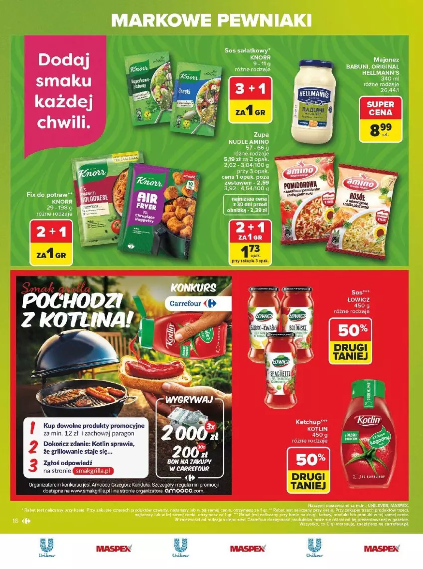 Gazetka promocyjna Carrefour - Gazetka Carrefour, Market w SUMIE markowe pewniaki - ważna 20.07 do 01.08.2026 - strona 16 - produkty: Babuni, Fa, Gin, Grill, Ketchup, Knorr, Kotlin, Majonez, Sałat, Sos
