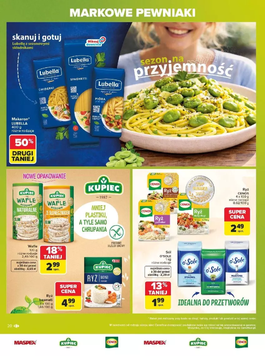 Gazetka promocyjna Carrefour - Gazetka Carrefour, Market w SUMIE markowe pewniaki - ważna 20.07 do 01.08.2026 - strona 20 - produkty: Bell, Cenos, Gra, LG, Makaron, Ryż, Sos, Wafle