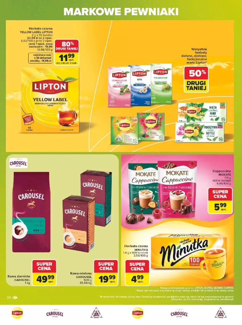 Gazetka promocyjna Carrefour - Gazetka Carrefour, Market w SUMIE markowe pewniaki - ważna 20.07 do 01.08.2026 - strona 26 - produkty: Fa, Herbata, Herbata czarna, Kawa, Kawa mielona, Kawa ziarnista, Lipton