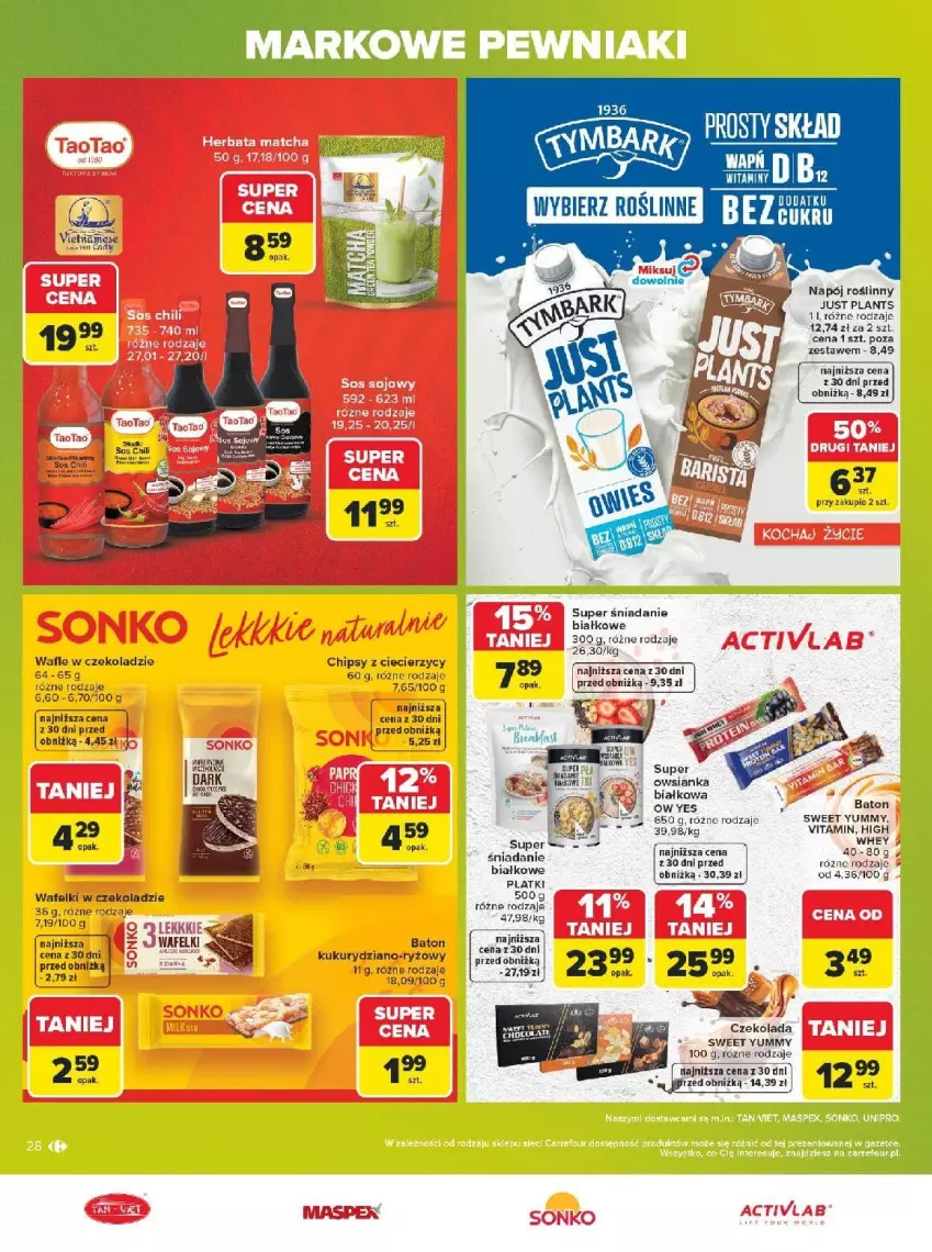 Gazetka promocyjna Carrefour - Gazetka Carrefour, Market w SUMIE markowe pewniaki - ważna 20.07 do 01.08.2026 - strona 28 - produkty: Chipsy, Czekolada, Napój, Napój roślinny, Owsianka, Por, Sos, Wafle