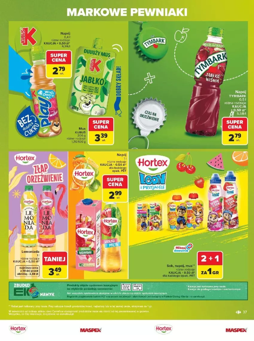 Gazetka promocyjna Carrefour - Gazetka Carrefour, Market w SUMIE markowe pewniaki - ważna 20.07 do 01.08.2026 - strona 37 - produkty: Dega, Hortex, Kubuś, Lemoniada, Mus, Napój, Sok