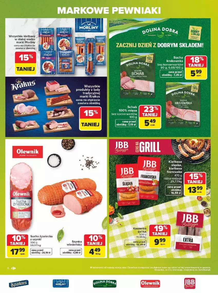 Gazetka promocyjna Carrefour - Gazetka Carrefour, Market w SUMIE markowe pewniaki - ważna 20.07 do 01.08.2026 - strona 4 - produkty: Kasza, Kaszanka, Kiełbasa, Krakus, Morliny, Ser, Szynka