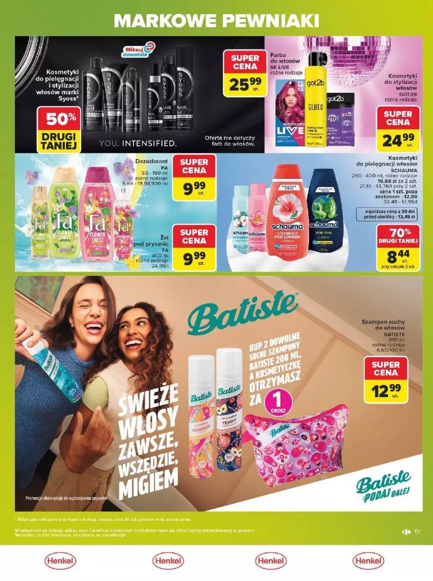 Gazetka promocyjna Carrefour - Gazetka Carrefour, Market w SUMIE markowe pewniaki - ważna 20.07 do 01.08.2026 - strona 51 - produkty: Batiste, Fa, Syoss, Szampon