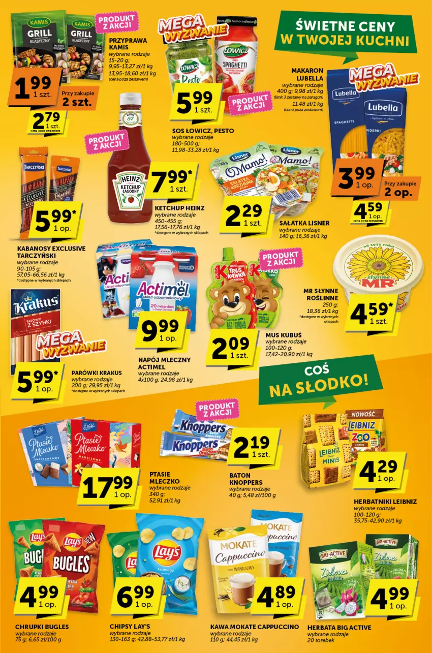 Gazetka promocyjna ABC - ważna 15.05 do 27.05.2025 - strona 7 - produkty: Actimel, Baton, Bell, Bella, Cappuccino, Chipsy, Chrupki, Fa, Gra, Heinz, Herbata, Herbatniki, Kabanos, Kamis, Kawa, Ketchup, Knoppers, Krakus, Kubuś, Lubella, Makaron, Mleczko, Mus, Pesto, Słynne, Sos, Spaghetti, Tarczyński