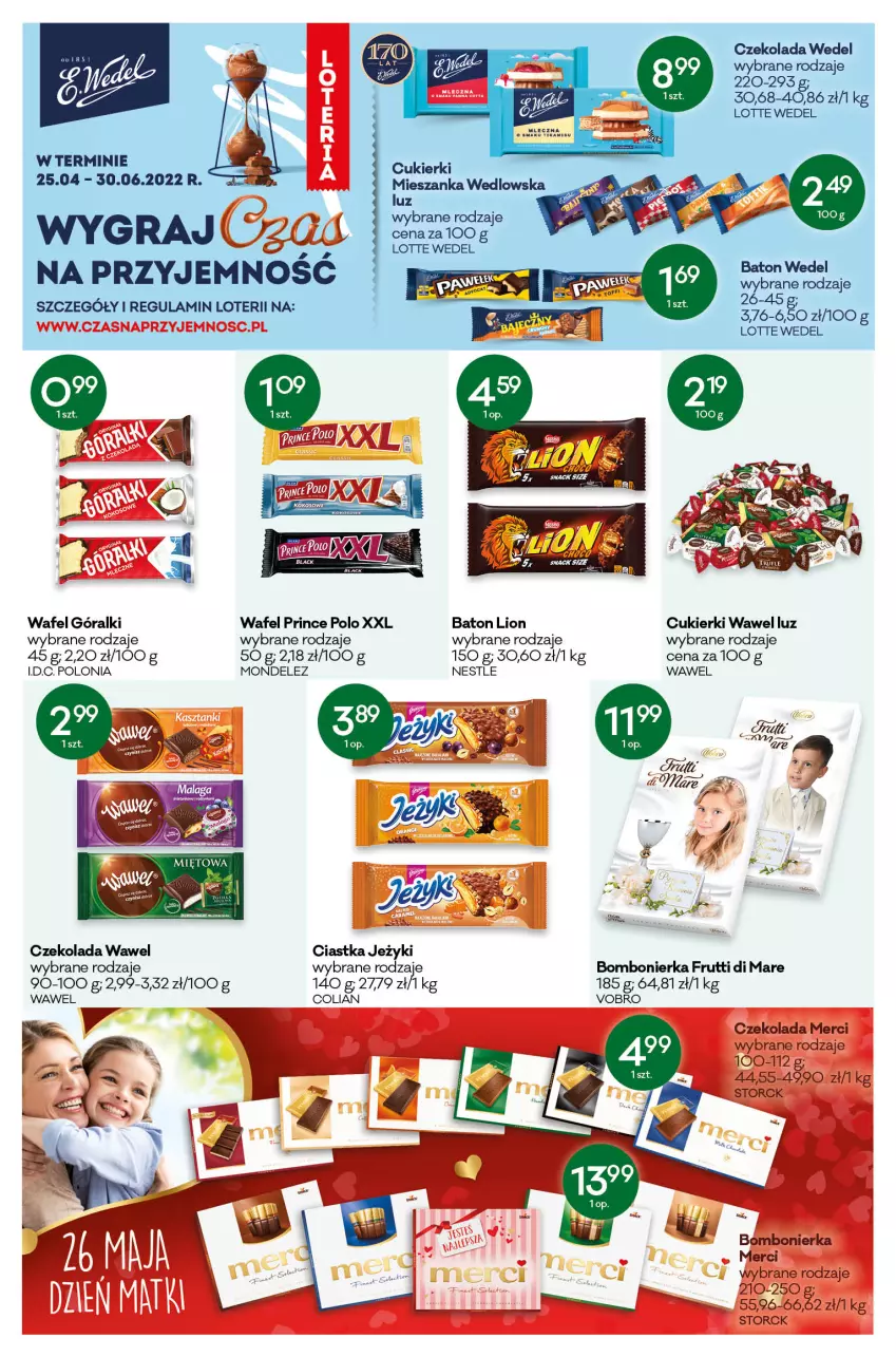 Gazetka promocyjna Groszek - ważna 28.04 do 10.05.2022 - strona 9 - produkty: Baton, Ciastka, Cukier, Cukierki, Czekolada, Góralki, Gra, Jeżyki, Lion, Merci, Mieszanka wedlowska, Prince Polo, Wawel