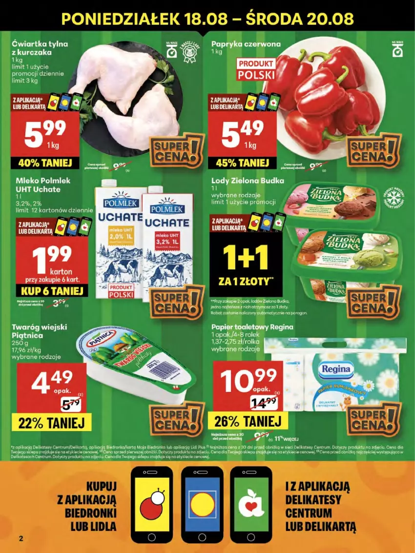 Gazetka promocyjna Delikatesy Centrum - Franczyza DC33 Czwartek - ważna 14.08 do 20.08.2025 - strona 2 - produkty: Gin, Lody, Mleko, Papier, Papier toaletowy, POLMLEK, Rum, Twaróg, Zielona Budka
