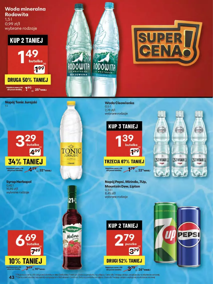 Gazetka promocyjna Delikatesy Centrum - Franczyza DC33 Czwartek - ważna 14.08 do 20.08.2025 - strona 43 - produkty: 7up, Cisowianka, Fa, Herbapol, Lipton, Mirinda, Napój, Pepsi, Rum, Syrop, Woda, Woda mineralna