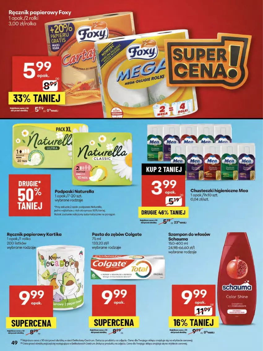 Gazetka promocyjna Delikatesy Centrum - Franczyza DC33 Czwartek - ważna 14.08 do 20.08.2025 - strona 49 - produkty: Chusteczki, Colgate, Foxy, LG, Naturell, Naturella, Papier, Pasek, Pasta do zębów, Podpaski, Ręcznik, Rolki, Rum, Schauma, Szampon