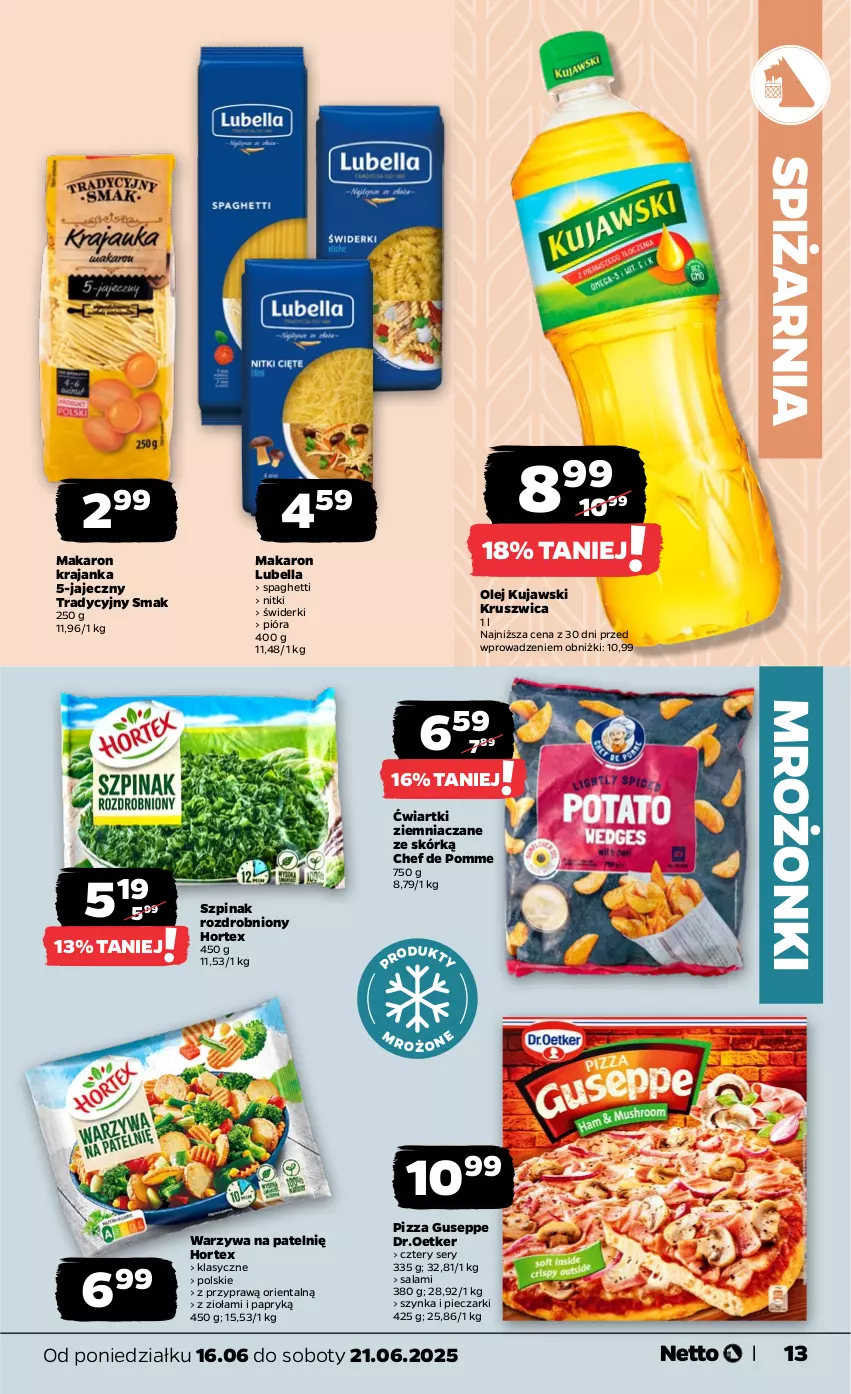 Gazetka promocyjna Netto - Od Poniedziałku - ważna 16.06 do 21.06.2025 - strona 13 - produkty: Bell, Bella, Hortex, Kujawski, Lubella, Makaron, Olej, Piec, Pizza, Salami, Ser, Spaghetti, Szpinak, Szynka, Warzywa