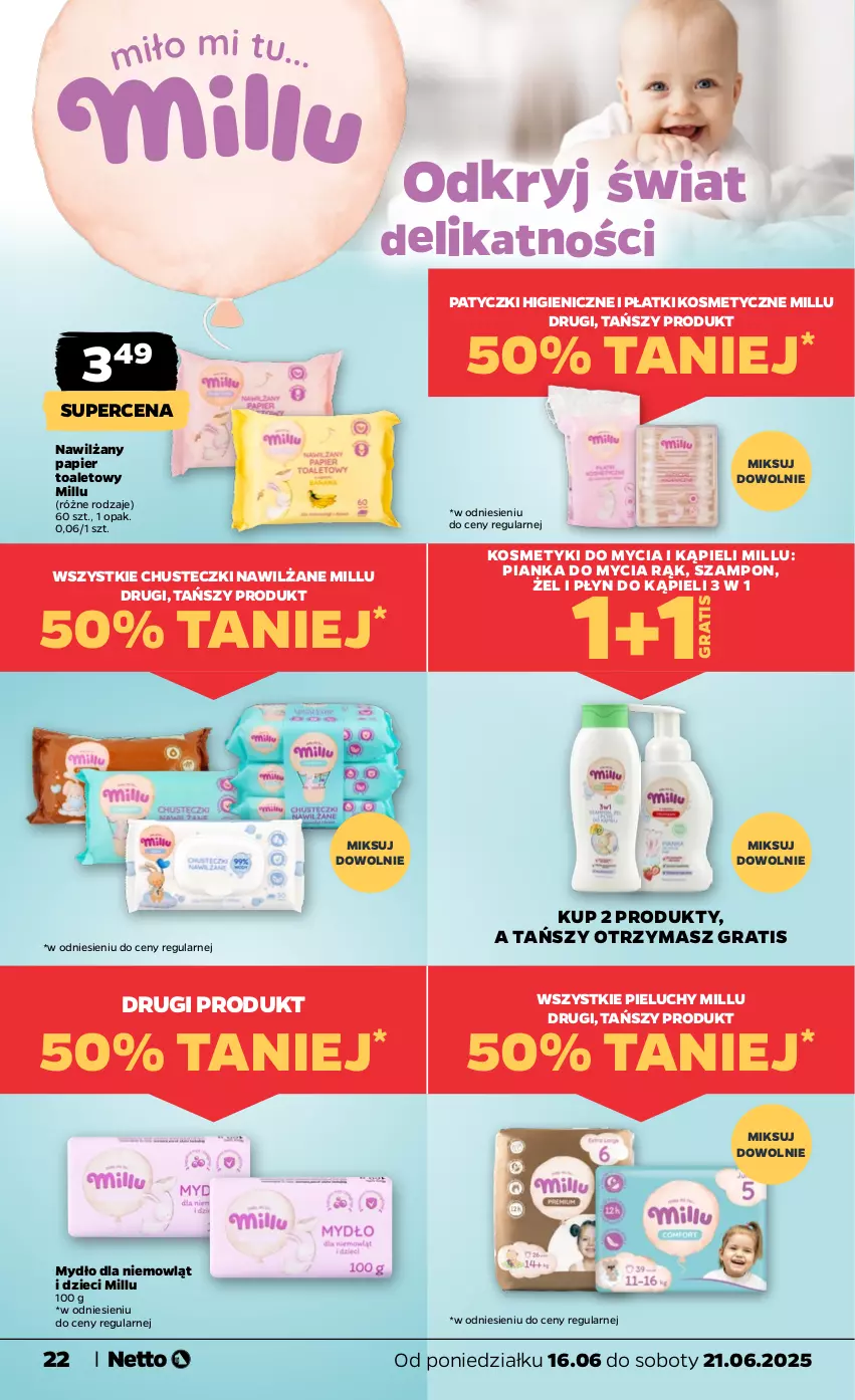 Gazetka promocyjna Netto - Od Poniedziałku - ważna 16.06 do 21.06.2025 - strona 22 - produkty: Chusteczki, Dzieci, Gra, Mydło, Nawilżany papier, Papier, Papier toaletowy, Pieluchy, Płatki kosmetyczne, Płyn do kąpieli, Szampon