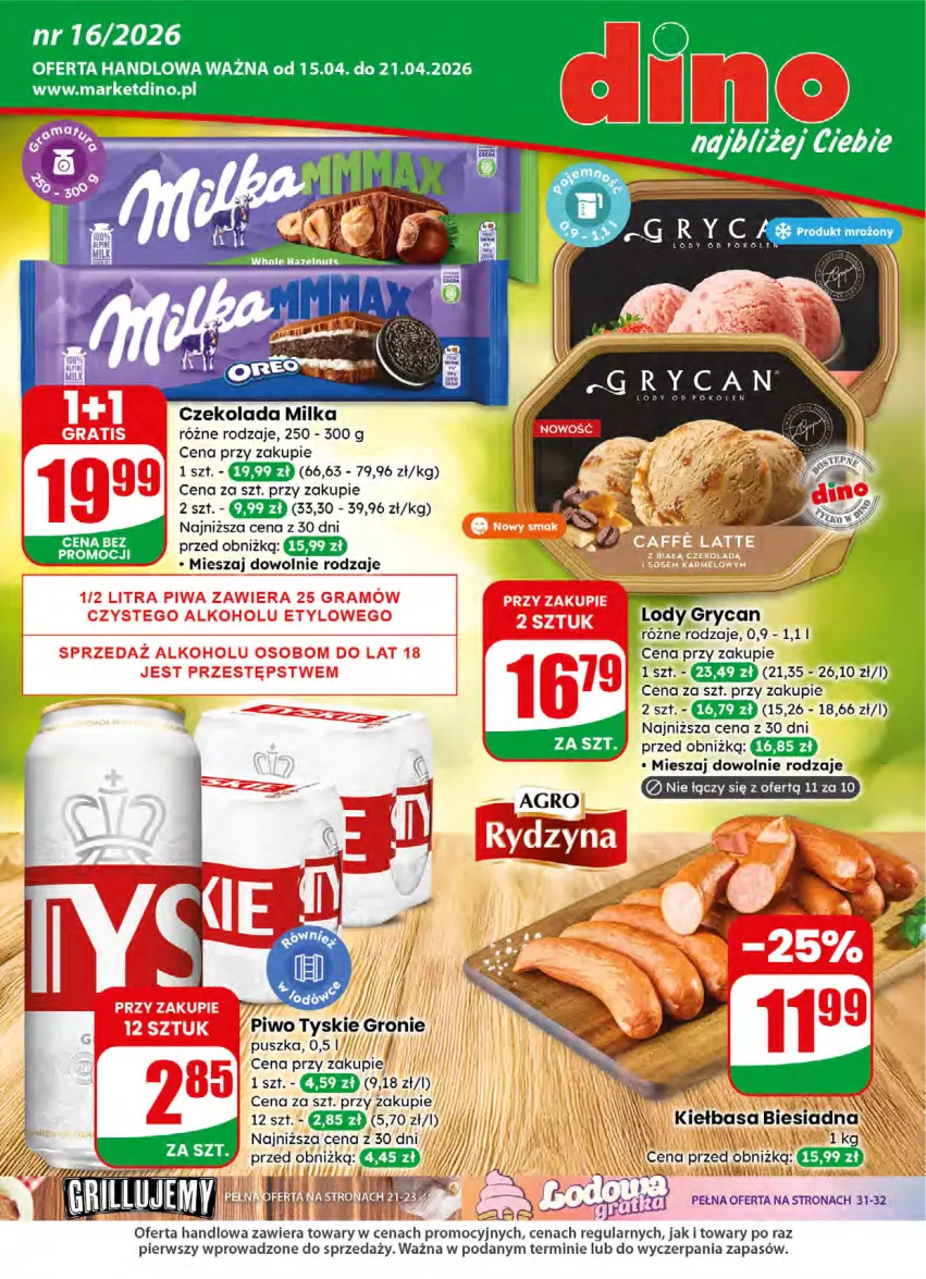 Gazetka promocyjna Dino - Gazetka 16 / 2026 - ważna 15.04 do 21.04.2026 - strona 1 - produkty: Czekolada, JBL, Kiełbasa, Kiełbasa biesiadna, Lody, Milka, Piwo, Tyskie
