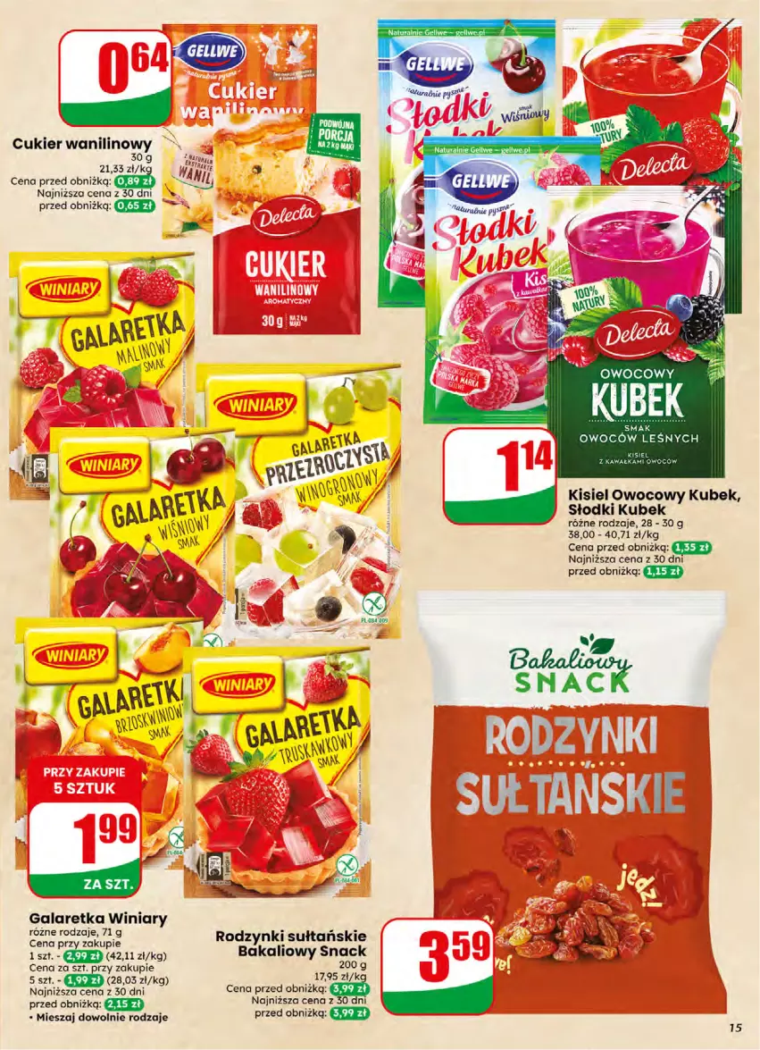 Gazetka promocyjna Dino - Gazetka 16 / 2026 - ważna 15.04 do 21.04.2026 - strona 15 - produkty: Cukier, Cukier wanilinowy, Gala, Galaretka, Kisiel, Kubek, Rodzynki, Winiary