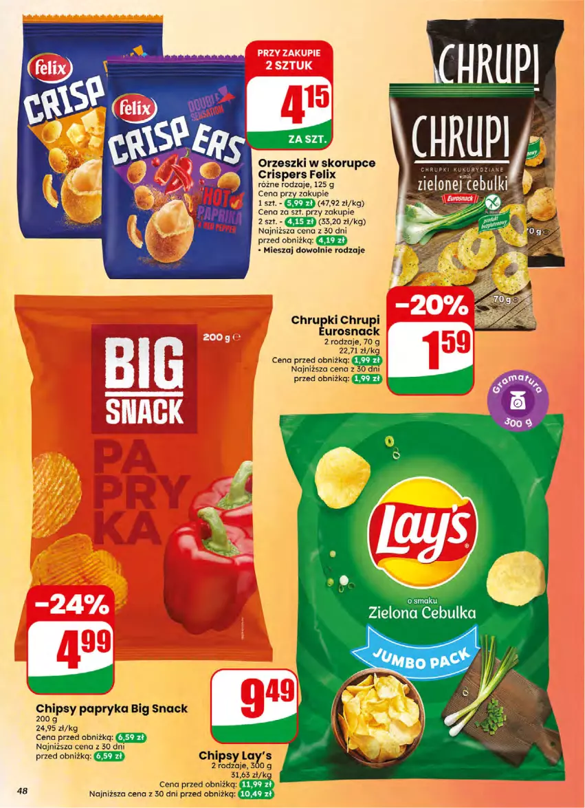 Gazetka promocyjna Dino - Gazetka 16 / 2026 - ważna 15.04 do 21.04.2026 - strona 48 - produkty: Chipsy, Chrupki, Felix, Orzeszki, Orzeszki w skorupce, Papryka