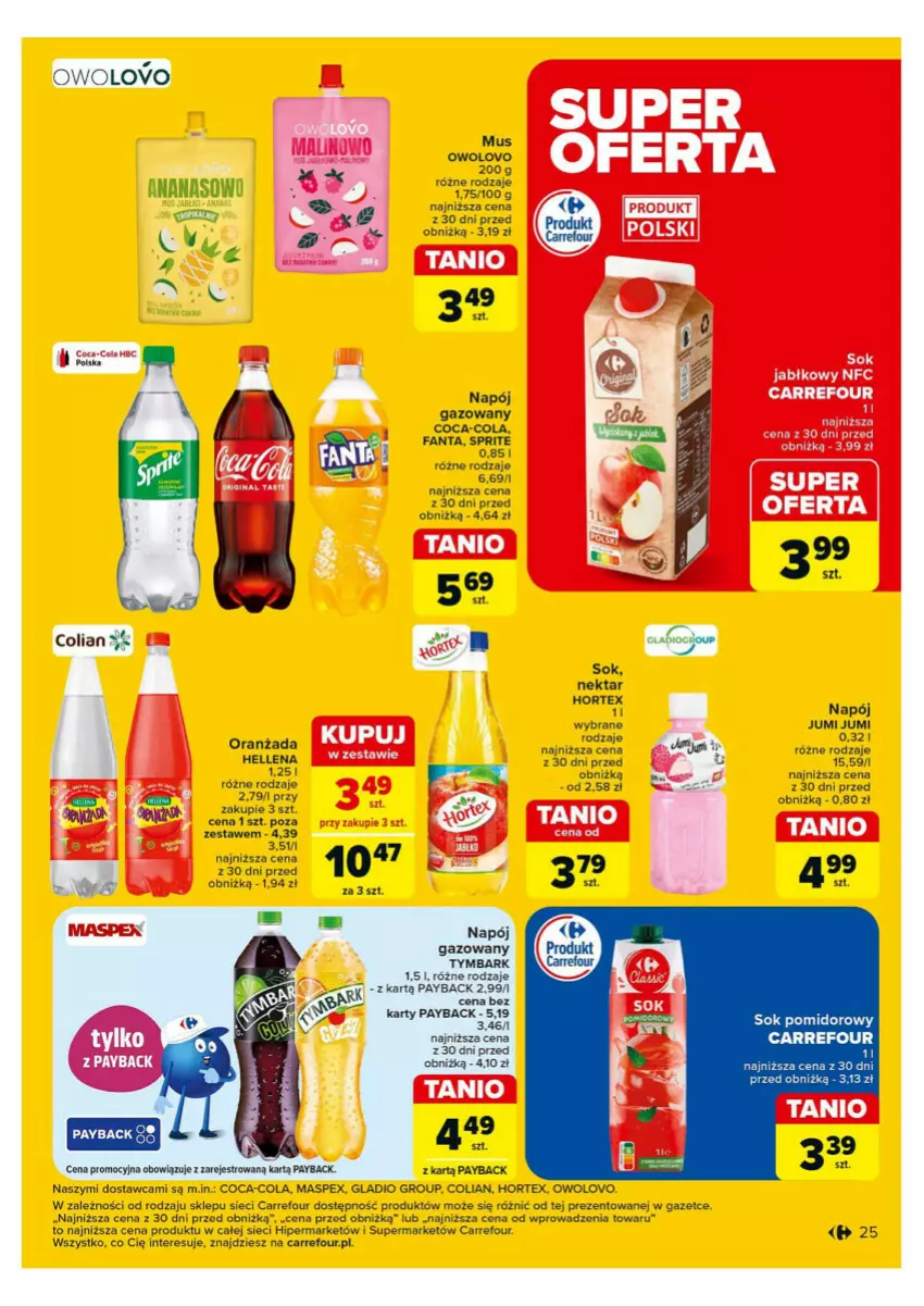 Gazetka promocyjna Carrefour - ważna 28.10 do 02.11.2024 - strona 18 - produkty: Ananas, Coca-Cola, Fa, Fanta, Hellena, Hortex, LG, Mus, Napój, Nektar, Oranżada, Sok, Sok pomidorowy, Sprite, Tymbark