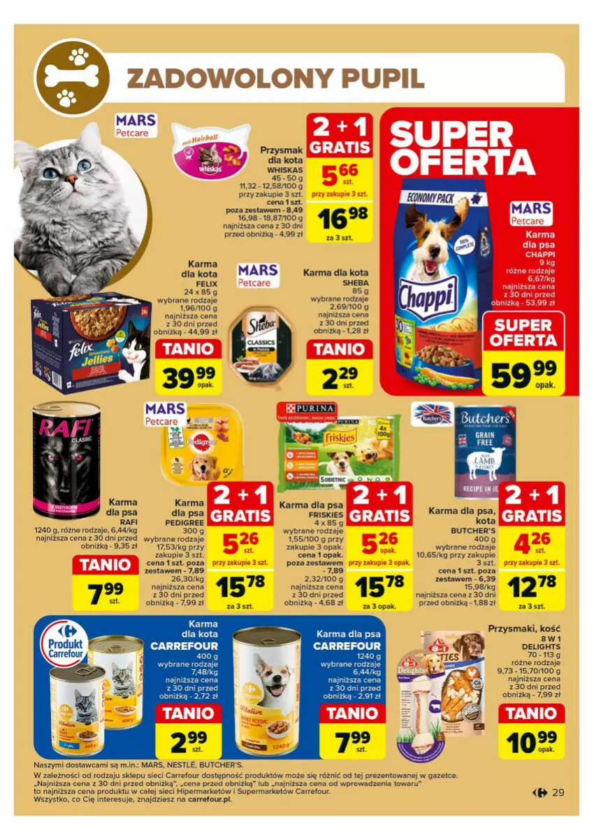 Gazetka promocyjna Carrefour - ważna 28.10 do 02.11.2024 - strona 22 - produkty: Butcher's, Felix, Friskies, Gra, Mars, Pedigree, Przysmak dla kota, Przysmaki, Pur, Purina, Sheba, Whiskas