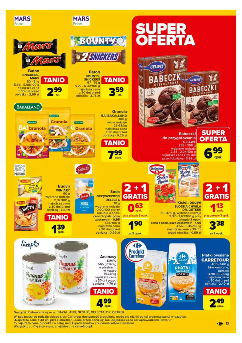 Gazetka promocyjna Carrefour - ważna 28.10 do 02.11.2024 - strona 5 - produkty: Ananas, Ba!, Bakalland, Baton, Bounty, Budyń, Delecta, Gra, Granola, Kisiel, Mars, Płatki owsiane, Por, Słodka Chwila, Snickers