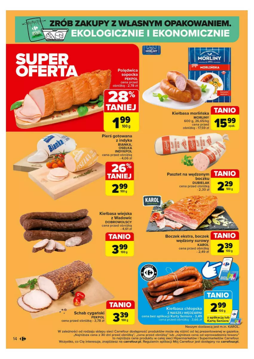 Gazetka promocyjna Carrefour - ważna 28.10 do 02.11.2024 - strona 6 - produkty: Bianka, Boczek, Kiełbasa, Kiełbasa wiejska, Morliny, Okap, Pasztet, Pekpol, Polędwica, Sok