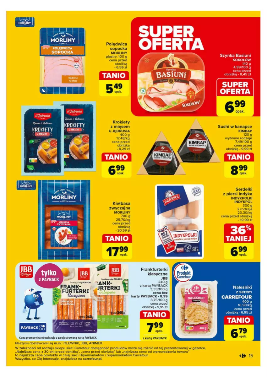 Gazetka promocyjna Carrefour - ważna 28.10 do 02.11.2024 - strona 7 - produkty: Frankfurterki, Kiełbasa, Krokiety, Morliny, Naleśniki, Olewnik, Polędwica, Ser, Serdelki, Sushi