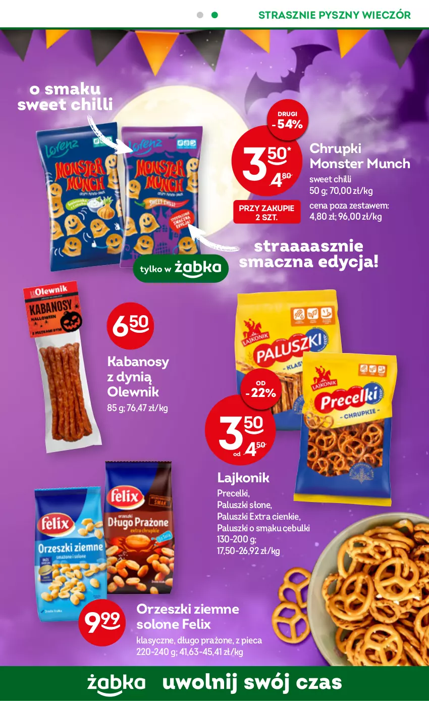 Gazetka promocyjna Żabka - ważna 02.11 do 08.11.2022 - strona 17 - produkty: Chrupki, Dynią, Felix, Kabanos, Lajkonik, Monster Munch, Olewnik, Orzeszki, Orzeszki ziemne, Piec, Precelki