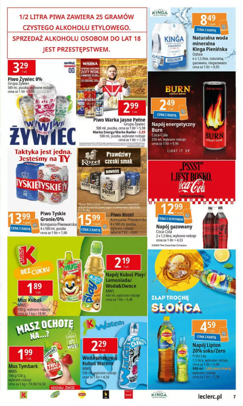 Gazetka promocyjna E Leclerc - ważna 28.05 do 06.06.2024 - strona 22 - produkty: Coca-Cola, Gra, Kubuś, Kubuś Waterrr, Lemoniada, Lipton, Mus, Napój, Napój gazowany, Owoce, Piwa, Piwo, Radler, Ser, Sok, Tymbark, Tyskie, Warka, Woda