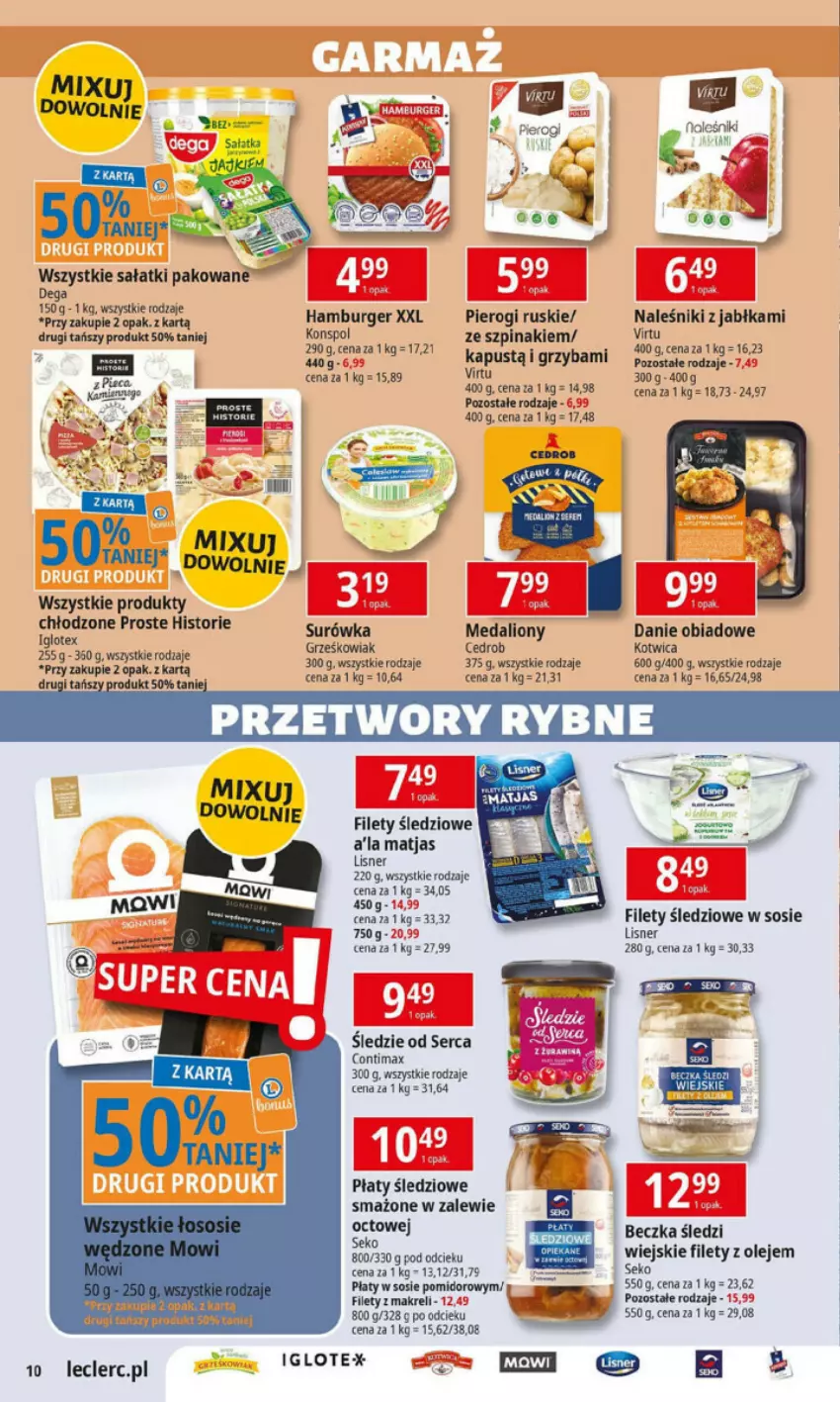 Gazetka promocyjna E Leclerc - ważna 28.05 do 06.06.2024 - strona 26 - produkty: Burger, Dega, Hamburger, Jabłka, Kapustą, Lion, Lisner, Matjas, Naleśniki, Olej, Pierogi, Płaty śledziowe, Sałat, SEKO, Ser, Sos, Surówka, Szpinak, Virtu