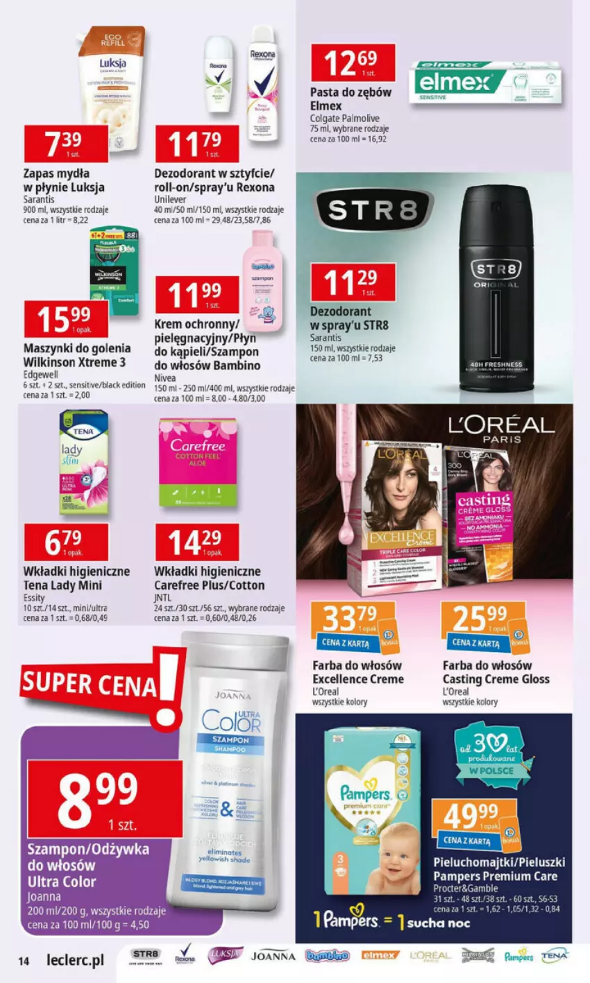 Gazetka promocyjna E Leclerc - ważna 28.05 do 06.06.2024 - strona 28 - produkty: Carefree, Colgate, Dezodorant, Elmex, Fa, Farba do włosów, Joanna, LG, Luksja, Majtki, Odżywka, Palmolive, Pampers, Pasta do zębów, Pieluchomajtki, Rexona, Str8, Szampon, Wkładki