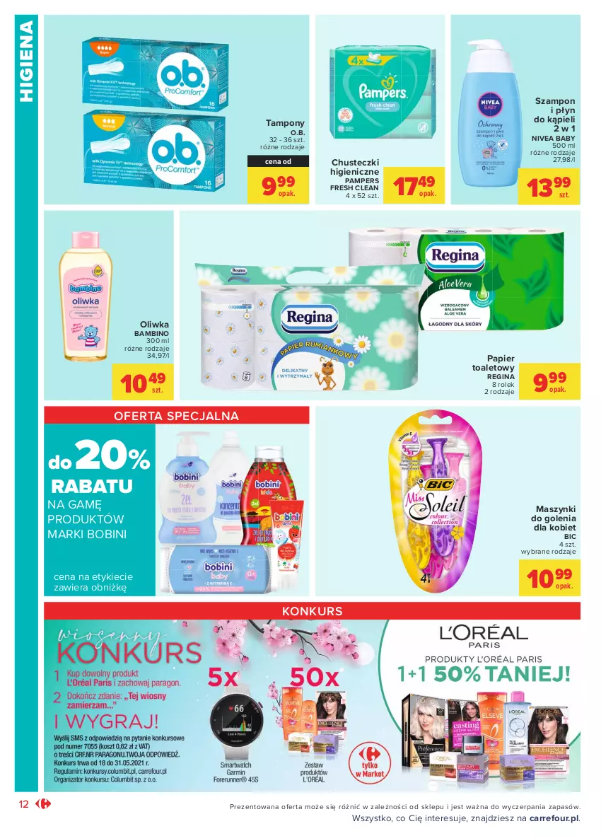 Gazetka promocyjna Carrefour - Gazetka Market - ważna 17.05 do 29.05.2021 - strona 12 - produkty: BIC, Chusteczki, Gin, Nivea, Nivea Baby, O.B., Pampers, Papier, Papier toaletowy, Płyn do kąpieli, Szampon, Tampony