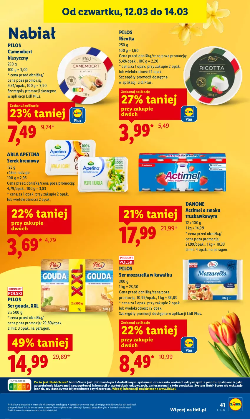 Gazetka promocyjna Lidl - GAZETKA - ważna 12.03 do 14.03.2026 - strona 43 - produkty: Actimel, Camembert, Danone, Gouda, Kawa, Mozzarella, Pilos, Ricotta, Ser, Serek