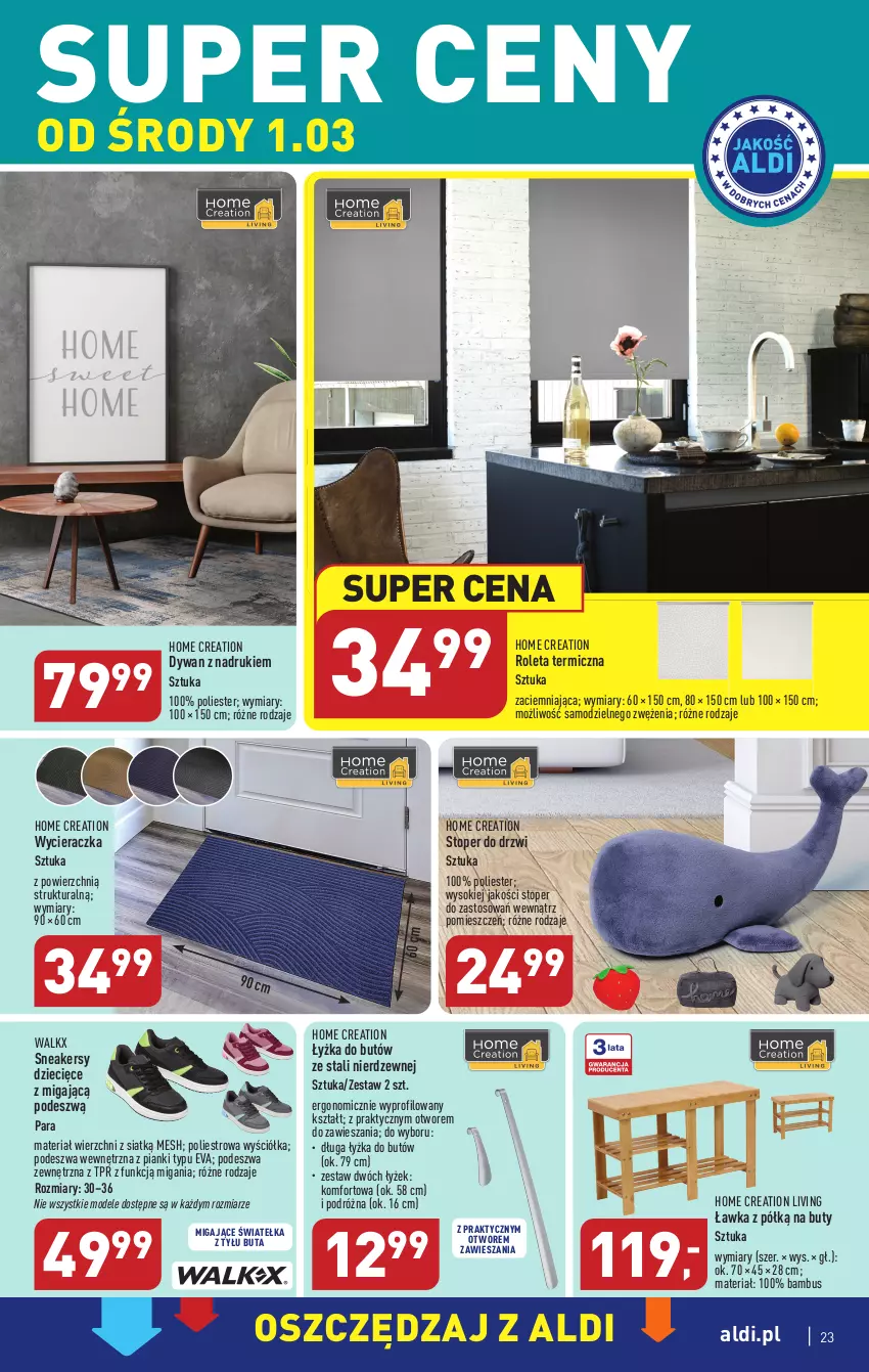 Gazetka promocyjna Aldi - Pełny katalog - ważna 27.02 do 04.03.2023 - strona 23 - produkty: Buty, Drzwi, Dywan, Dzieci, Roleta, Sneakersy, Sok, Top, Wycieraczka