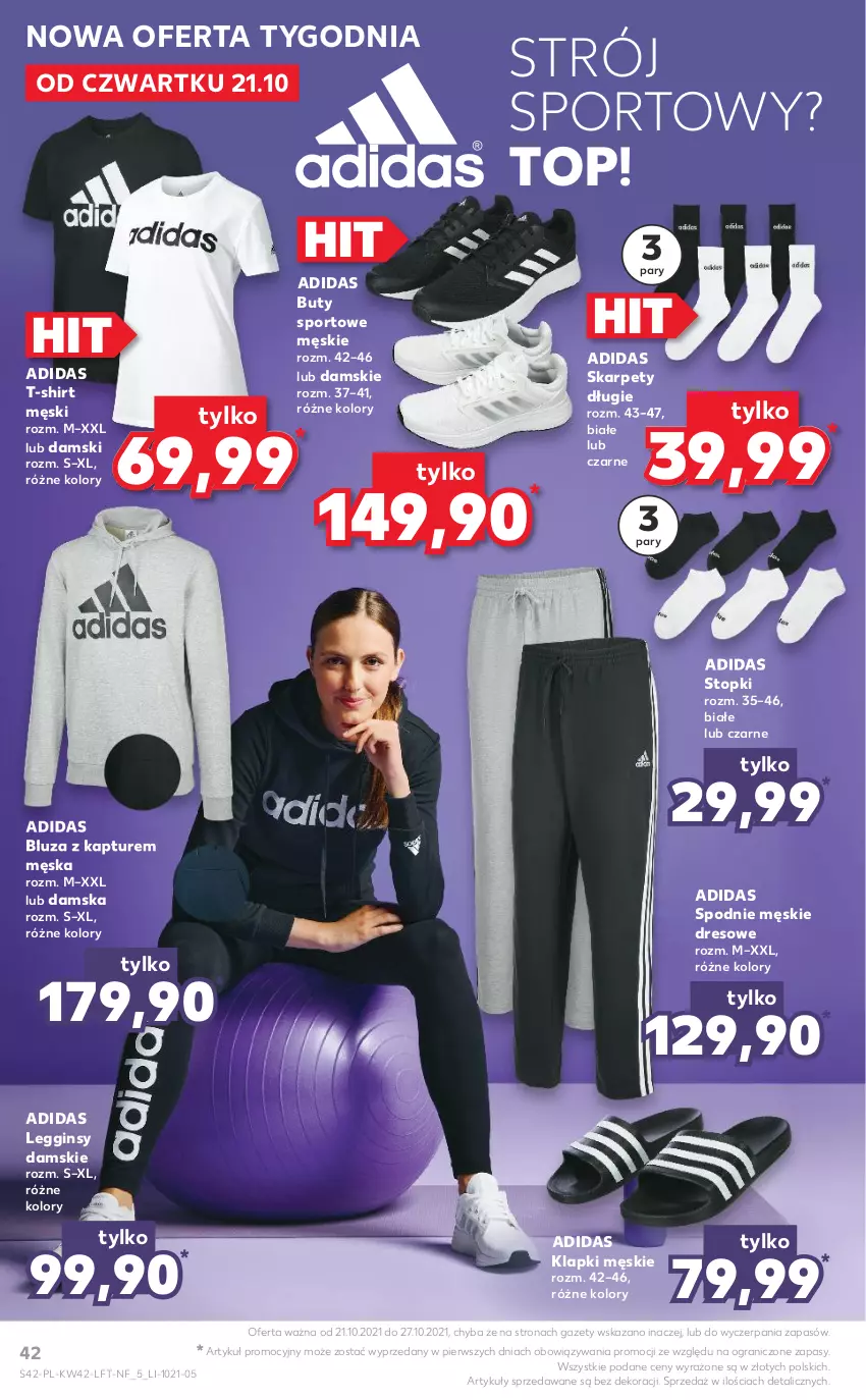 Gazetka promocyjna Kaufland - ważna 21.10 do 27.10.2021 - strona 42 - produkty: Adidas, Bluza, Bluza z kapturem, Buty, Dres, Gin, Gra, Karp, Klapki, Legginsy, Por, Spodnie, Sport, T-shirt, Top