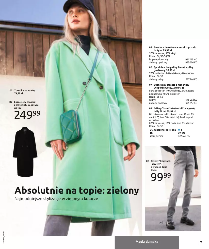 Gazetka promocyjna Bonprix - Best of green - ważna 02.09.2022 do 02.03.2023 - strona 9 - produkty: Absolut, Dżinsy, Płaszcz, Ser, Serek, Sok, Spodnie, Sweter, Top, Torebka, Wełna