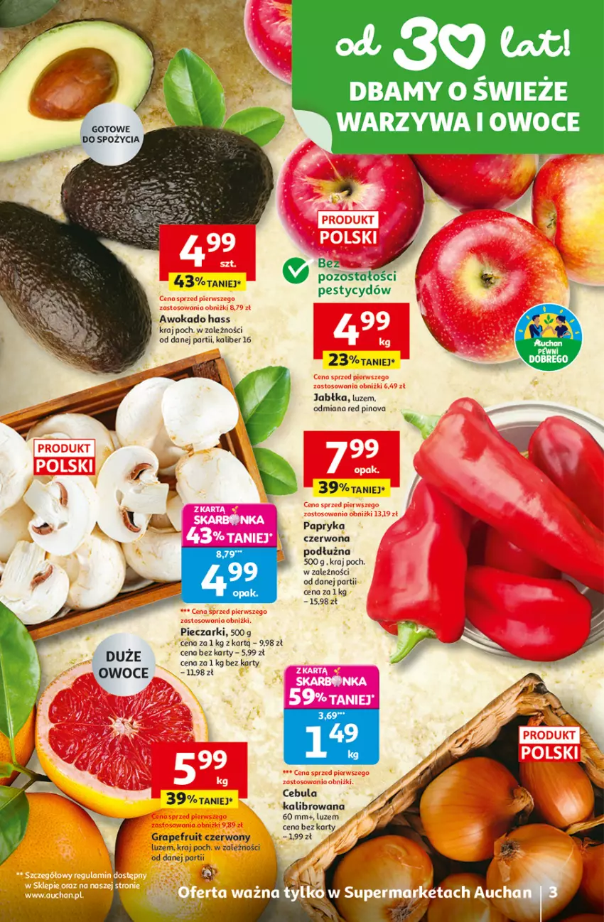 Gazetka promocyjna Auchan - 30 Lat Supermarket - ważna 29.01 do 04.02.2026 - strona 3 - produkty: Cebula, Gra, Jabłka, Owoce, Papryka, Papryka czerwona, Piec, Warzywa, Warzywa i owoce